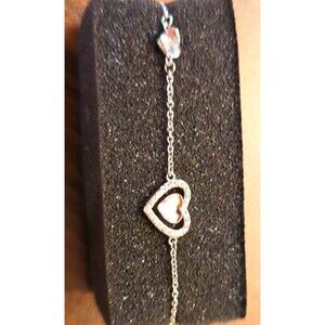 Silver Cable Chain Bracelet Heart Clear Crystal Pavé Adjustable Lobster Clasp
